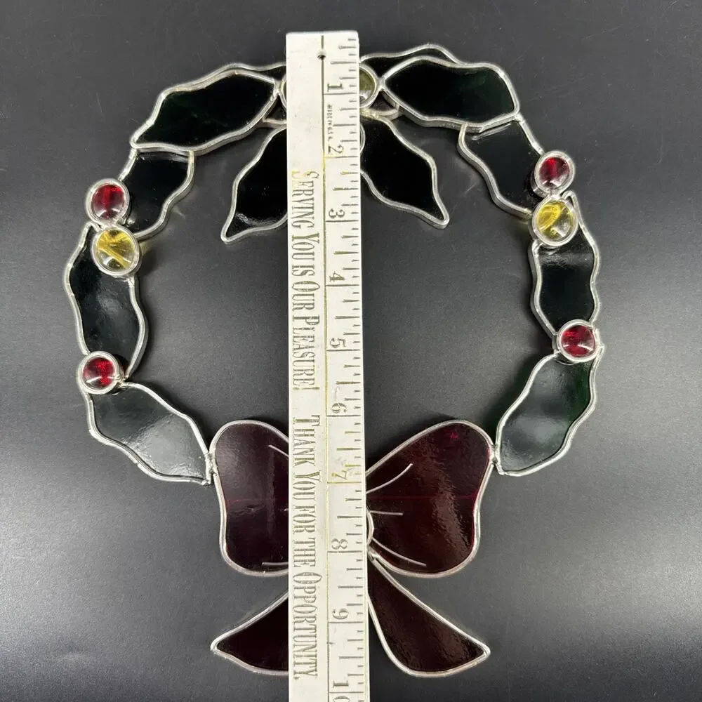 Stained Glass Holly and Berry Christmas Wreath Sun Catcher Holiday Window Decor